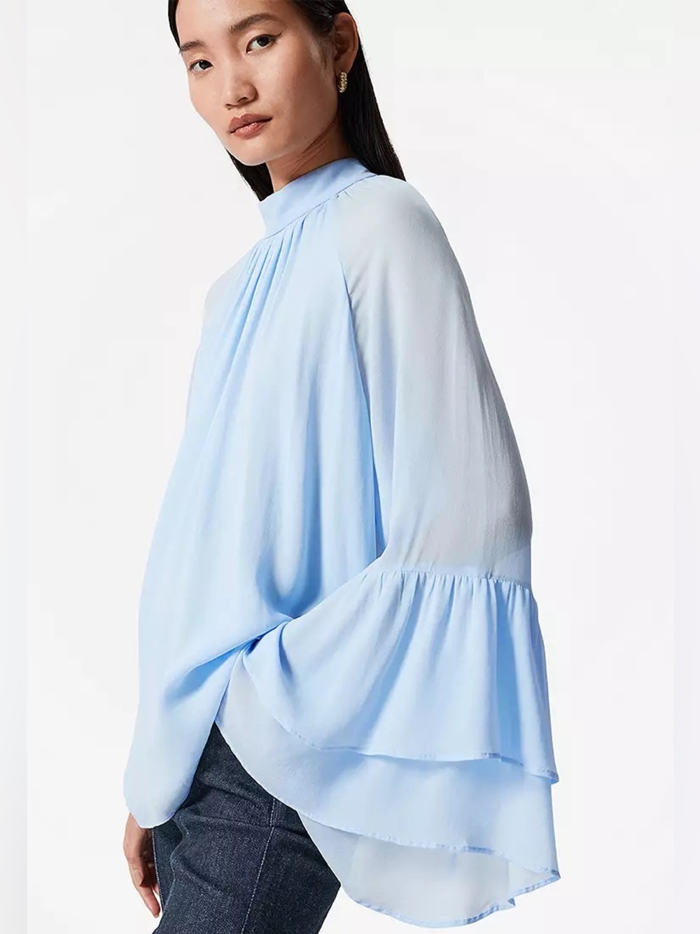 & OTHER STORIES | FLOUNCED STAND COLLAR HIGH NECK BLOUSE SKY BLUE SIZE SMALL
